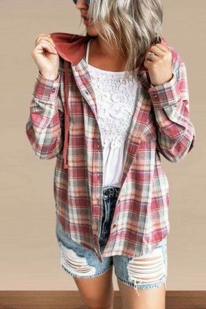 Y2K Plaid Hooded Button-Up Shirt for Women