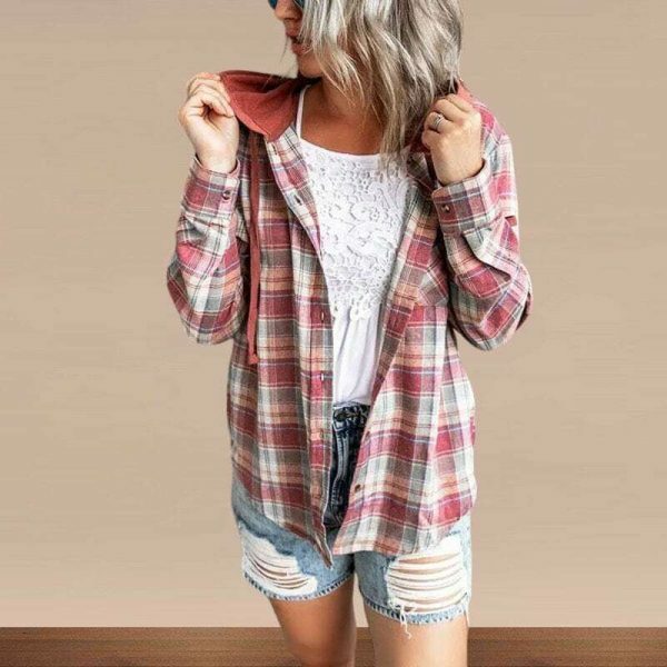 Y2K Plaid Hooded Button-Up Shirt for Women