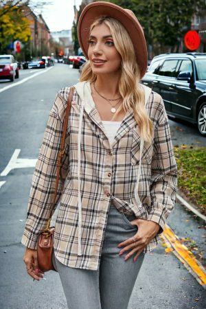 Y2K Plaid Hooded Button-Up Shirt for Women