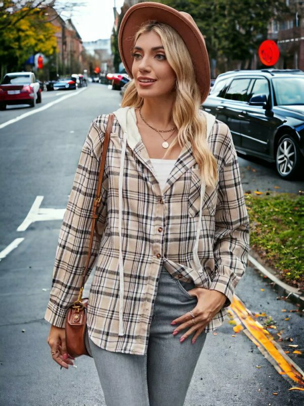 Y2K Plaid Hooded Button-Up Shirt for Women