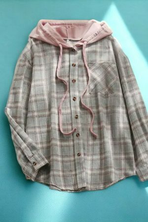 Y2K Plaid Hooded Button-Up Shirt for Women