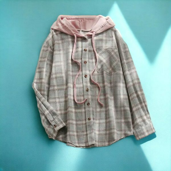 Y2K Plaid Hooded Button-Up Shirt for Women