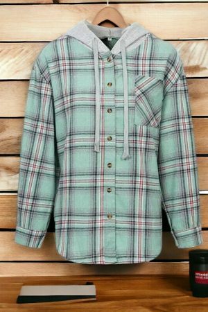 Y2K Plaid Hooded Button-Up Shirt for Women