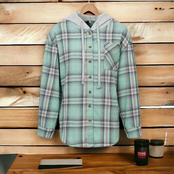 Y2K Plaid Hooded Button-Up Shirt for Women