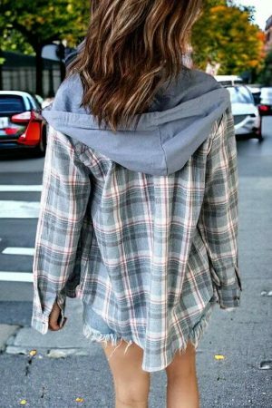 Y2K Plaid Hooded Button-Up Shirt for Women