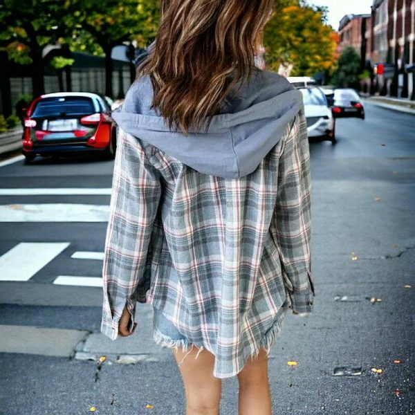 Y2K Plaid Hooded Button-Up Shirt for Women