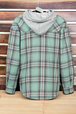 Y2K Plaid Hooded Button-Up Shirt for Women