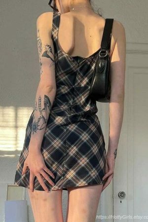 Y2K Plaid Print Sleeveless Tank Dress with Slit