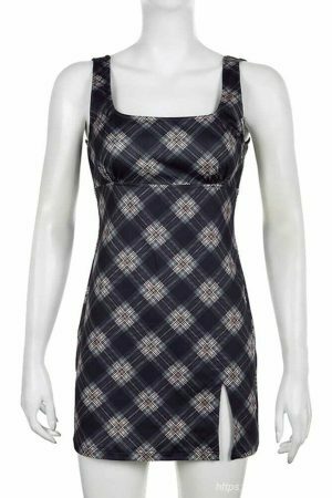 Y2K Plaid Print Sleeveless Tank Dress with Slit