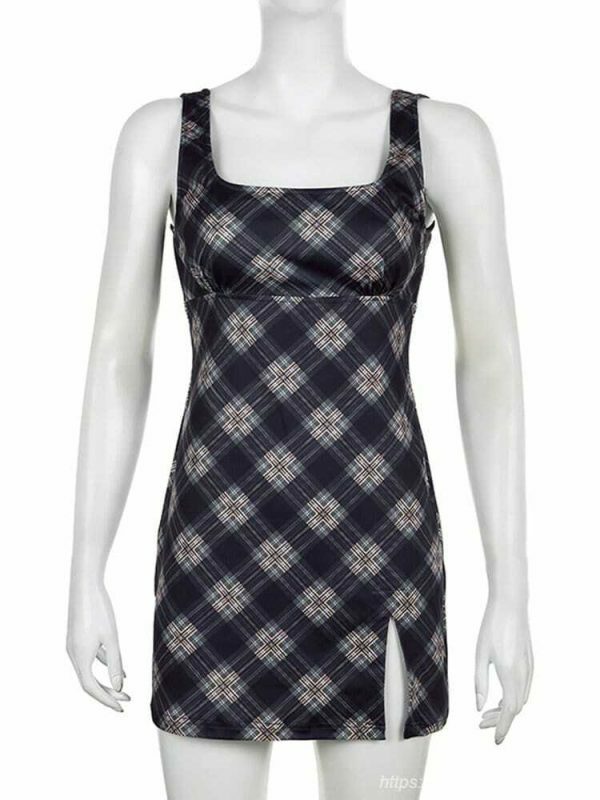 Y2K Plaid Print Sleeveless Tank Dress with Slit