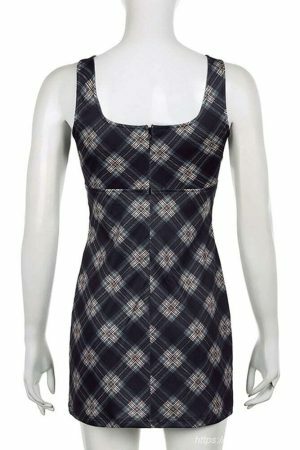 Y2K Plaid Print Sleeveless Tank Dress with Slit