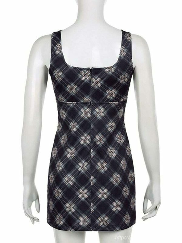 Y2K Plaid Print Sleeveless Tank Dress with Slit