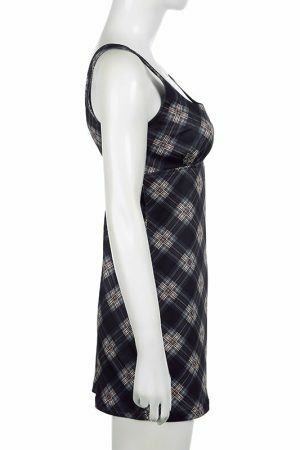 Y2K Plaid Print Sleeveless Tank Dress with Slit