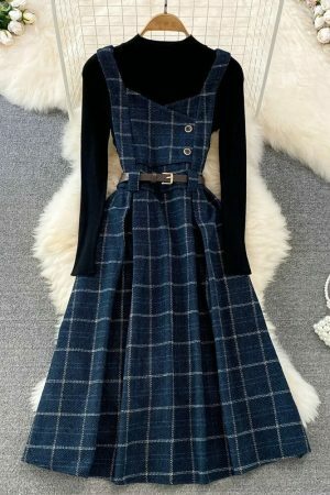 Y2K Plaid Sleeveless Midi Dress for Women