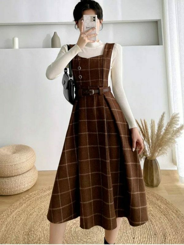 Y2K Plaid Sleeveless Midi Dress for Women