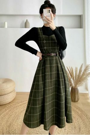 Y2K Plaid Sleeveless Midi Dress for Women