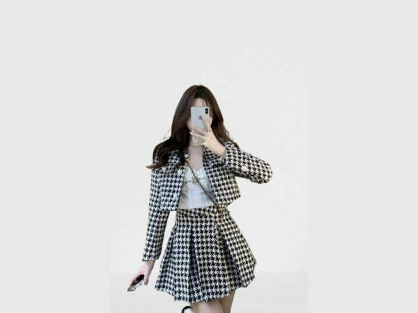 Y2K Plaid Tweed Dress & Cardigan Set with Pleated Skirt