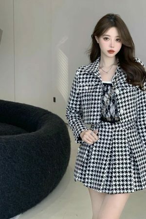 Y2K Plaid Tweed Dress & Cardigan Set with Pleated Skirt