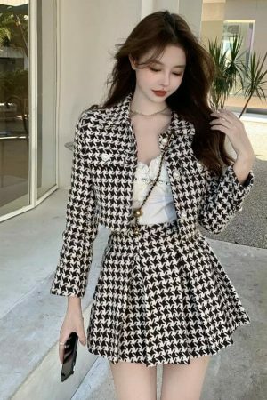 Y2K Plaid Tweed Dress & Cardigan Set with Pleated Skirt