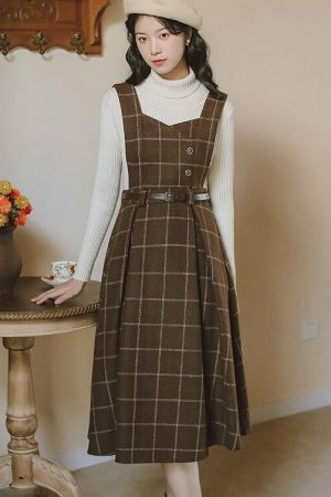 Y2K Plaid Woolen Dress, Sleeveless Vintage England Style Sundress