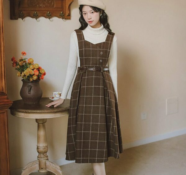 Y2K Plaid Woolen Dress, Sleeveless Vintage England Style Sundress