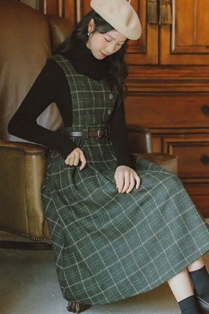 Y2K Plaid Woolen Dress, Sleeveless Vintage England Style Sundress