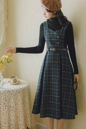 Y2K Plaid Woolen Dress, Sleeveless Vintage England Style Sundress