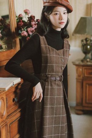 Y2K Plaid Woolen Dress, Sleeveless Vintage England Style Sundress