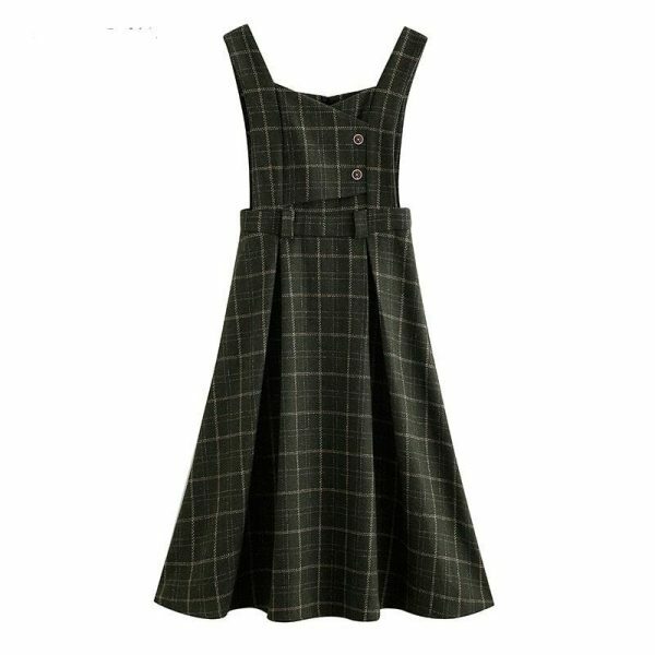 Y2K Plaid Woolen Dress, Sleeveless Vintage England Style Sundress