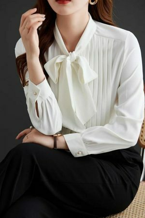 Y2K Pleated Bow Tie Neck Long Sleeve Shirt for Women