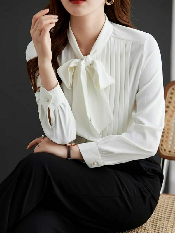 Y2K Pleated Bow Tie Neck Long Sleeve Shirt for Women