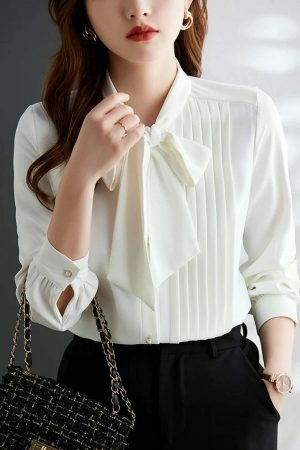 Y2K Pleated Bow Tie Neck Long Sleeve Shirt for Women