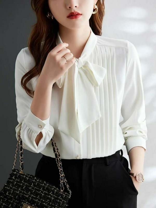 Y2K Pleated Bow Tie Neck Long Sleeve Shirt for Women