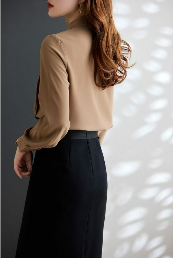 Y2K Pleated Bow Tie Neck Long Sleeve Shirt for Women