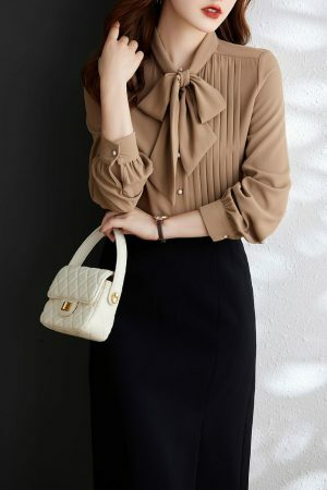 Y2K Pleated Bow Tie Neck Long Sleeve Shirt for Women