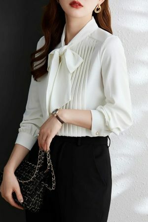 Y2K Pleated Bow Tie Neck Long Sleeve Shirt for Women