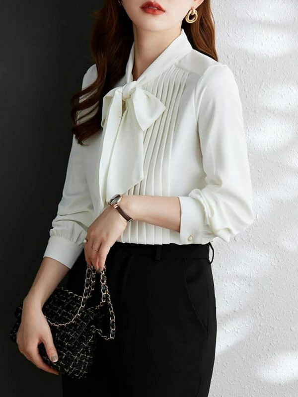 Y2K Pleated Bow Tie Neck Long Sleeve Shirt for Women