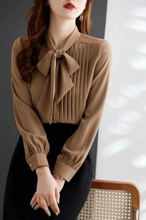 Y2K Pleated Bow Tie Neck Long Sleeve Shirt for Women