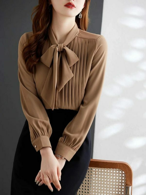 Y2K Pleated Bow Tie Neck Long Sleeve Shirt for Women