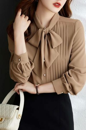 Y2K Pleated Bow Tie Neck Long Sleeve Shirt for Women