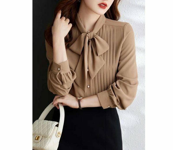 Y2K Pleated Bow Tie Neck Long Sleeve Shirt for Women