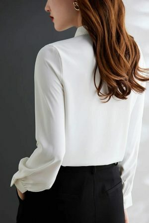 Y2K Pleated Bow Tie Neck Long Sleeve Shirt for Women