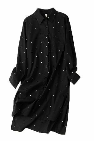 Y2K Polka Dot Linen Shirt: Retro Streetwear Midi Dress