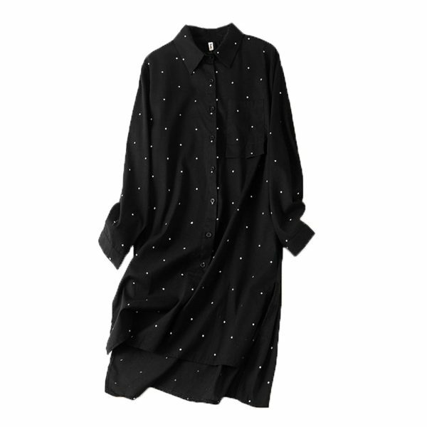 Y2K Polka Dot Linen Shirt: Retro Streetwear Midi Dress