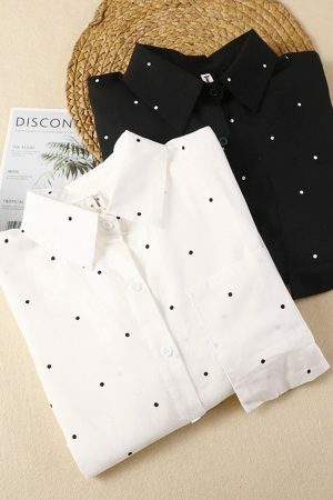 Y2K Polka Dot Linen Shirt: Retro Streetwear Midi Dress