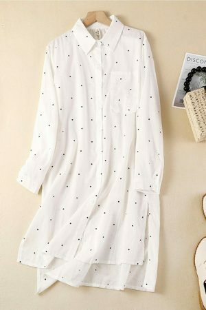 Y2K Polka Dot Linen Shirt: Retro Streetwear Midi Dress