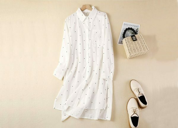 Y2K Polka Dot Linen Shirt: Retro Streetwear Midi Dress