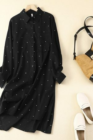 Y2K Polka Dot Linen Shirt: Retro Streetwear Midi Dress