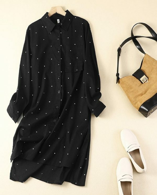 Y2K Polka Dot Linen Shirt: Retro Streetwear Midi Dress