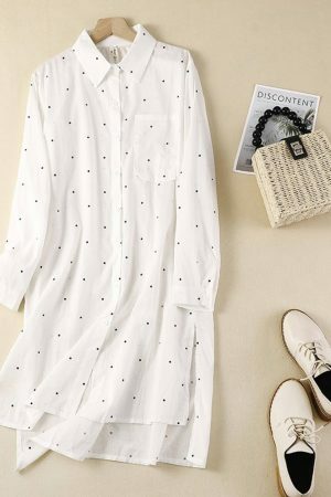 Y2K Polka Dot Linen Shirt: Retro Streetwear Midi Dress